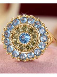 Bohemian Style Sunflower Design Double Layer Blue Synthetic Zirconia Inlaid Ring, Elegant Women's Ring, Sparkling Daily And Party Jewelry Accessory - Gold - View 2