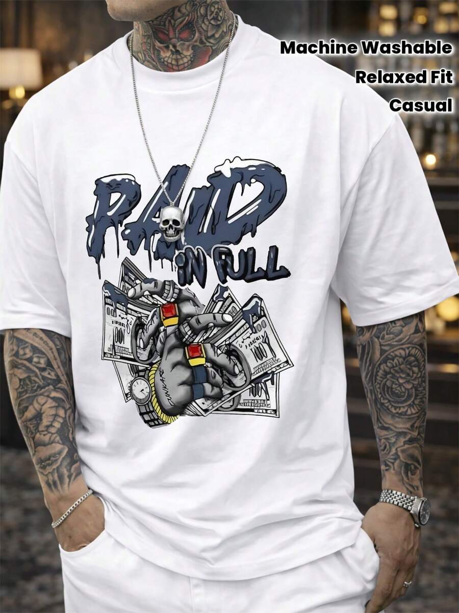 Men's "Full Payment" T-Shirt - Loose Fit, Round Neck, Chest-Printed T-Shirt, Machine Washable Casual Shirt, Suitable For All Seasons, Ideal For Casual - 白色 - 查看 1