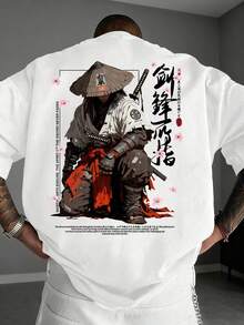Men's Black Short-Sleeved Crew Neck T-Shirt With  Japanese Cyberpunk Illustration Print - 白色 - 查看 1