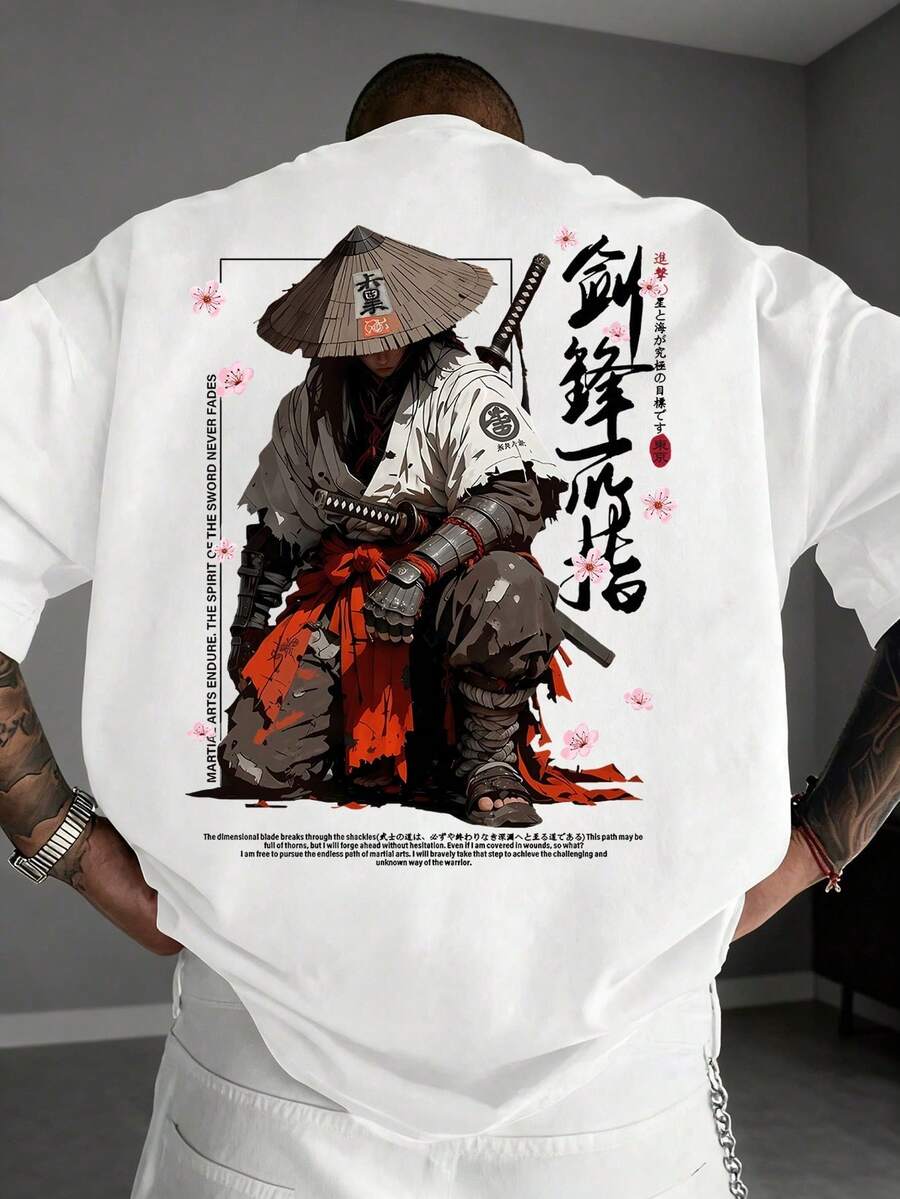 Men's Black Short-Sleeved Crew Neck T-Shirt With Japanese Cyberpunk Illustration Print - 白色 - 查看 1