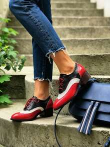 Women Oxfords Pumps Chunky Block Heels Mixed Color Lace Up Ladies' Business Loafers Fashion Comfy Casual Luxury Dress Shoes - 紅色 - 查看 5