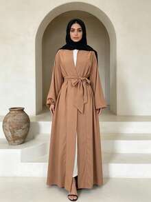 Open Front Abaya With Belt, Elastic Cuffs Modest Muslim Dress, Casual Dubai Style Islamic Clothing - Multicolor - View 17