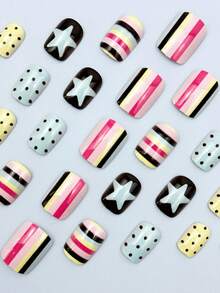 24 piezas de uñas postizas cortas cuadradas, estilo Y2K Millennium, rayas multicolor, pentagrama azul, patrón de lunares negros, estilo dulce y cool girl, pegatinas para uñas, adecuadas para uso diario, baile, fiesta de vacaciones + 2 piezas de accesorios de herramientas para arte de uñas - Multicolor - Ver 2