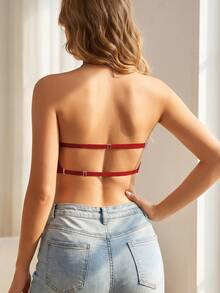 1pc Women's Casual Minimalist Solid Color Deep V-Neck Spaghetti Strap Backless Bra, Comfortable & Suitable For Wedding Dress - Red - View 8