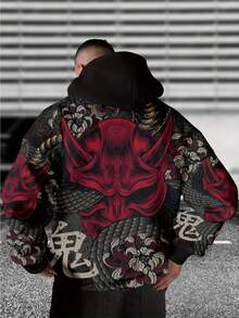 男士日式般若面具衛衣，紅龍印花街頭風套頭衫 - 彩色 - 查看 2