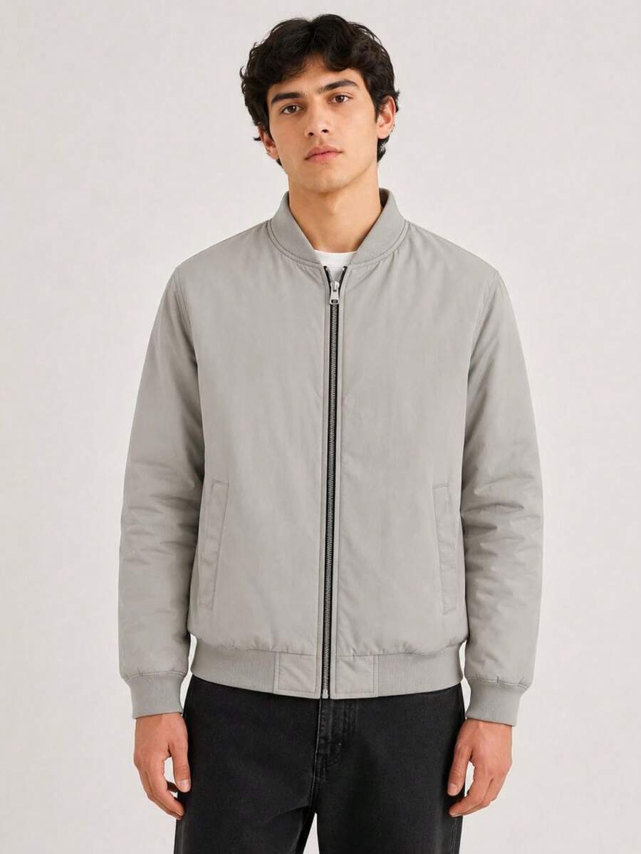 Men's Reversible Double-Faced Twill Jacket With Nylon Side - Casual Winter Style - Light Grey - View 1
