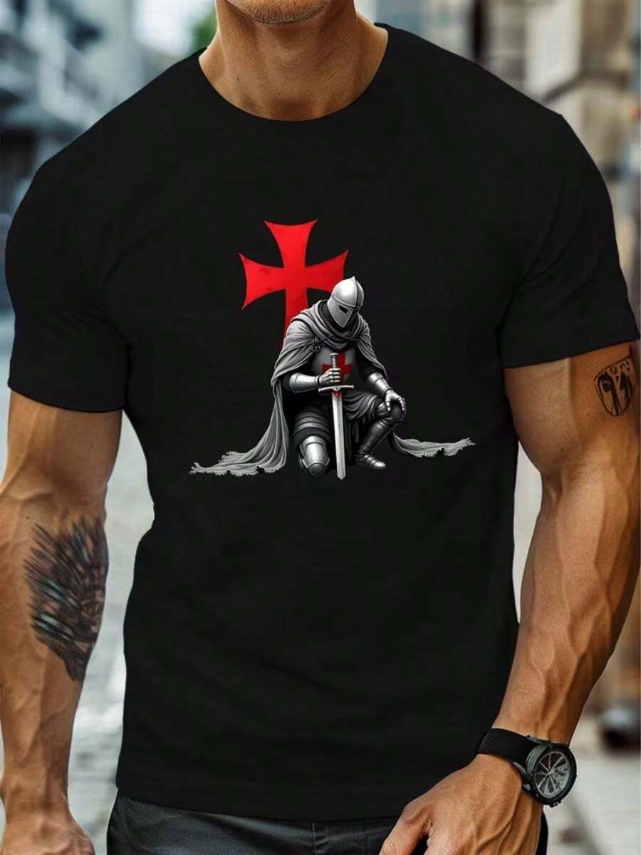 1 pieza Playera De Hombre.manga corta 100% algodón puro, cuello redondo casual con estampado, manga corta transpirable para uso diario, dise?o caballero - Negro - Ver 1