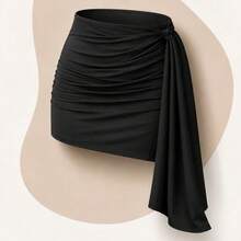 Women's Short Draped Skirt With Side Stripe, Adjustable, In Suplex Fabric, Foreign Fashion. - 黑色 - 查看 1