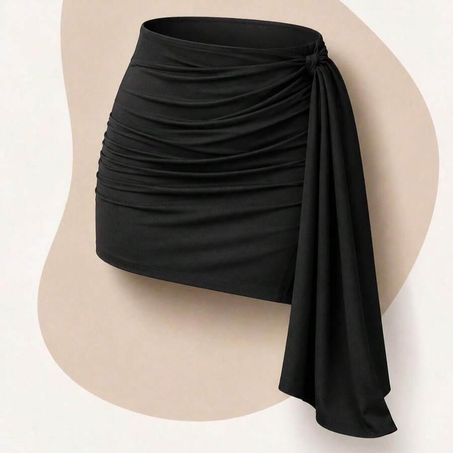 Women's Short Draped Skirt With Side Stripe, Adjustable, In Suplex Fabric, Foreign Fashion. - 黑色 - 查看 1
