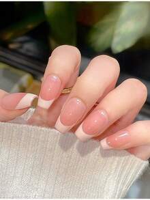 300/10pcs Handmade Medium Coffin Press-On Nails, Glittery Pink French Design Nails, Perfect For Girls, Summer Look, Easy-To-Wear Fake Nails For Vacations And Trips, Stylish Nail Products For Travel - Baby Pink - View 2