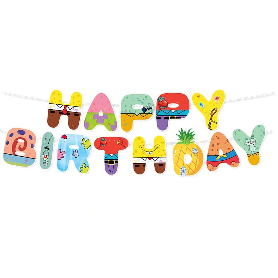 Sponge Theme Happy Birthday Banner Colorful Letter Banner Birthday Party Scene Decoration Photo Backdrop Baby Room Decor - Multicolor - View 1