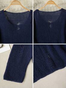 Sexy Minimalist Shoulder Cut-Out Distressed Design Pullover Sweater, Suitable For Going Out, Dates, Home, And Commuting, Autumn/Winter - Royal Blue - View 8