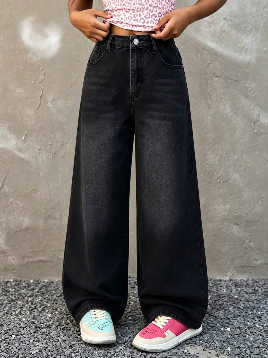 Teen Boy Pocket Loose Versatile Casual Washed Wide Leg Pants - Black - View 1