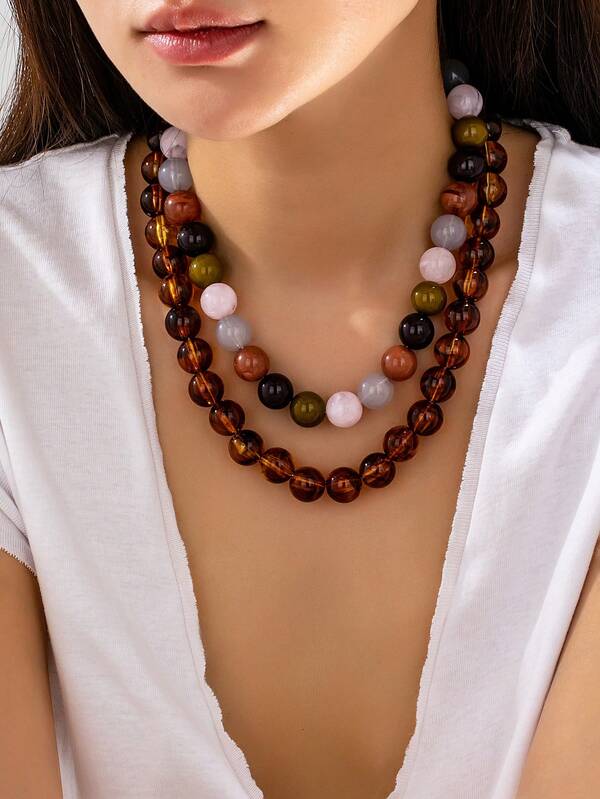 2pcs Amber Brown & Colorful Resin Beaded Necklace, Chunky Round Ball Exaggerated Neck Chain, Women's Bold Dual-Tone Layered Necklace