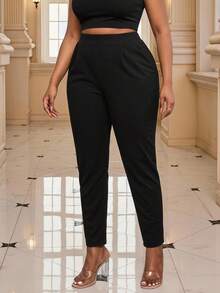 SHEIN Lady Plus Fold Pleated Slant Pocket Pants Plus Size Women's Pants, Summer Coordinated, Rave Festival, Long Women Dresses, Wedding Reception Dress Black - Black - View 5