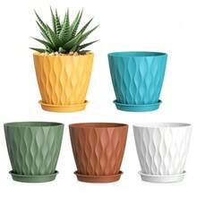 5er Set 15 cm Weiße Kunststoff Blumentöpfe mit Untersetzern und Abflusslöchern, 3D Wellenstruktur Übertöpfe für Sukkulenten, Kräuter, Efeutute, Fensterbank, Balkon, Büro und klare Home Garden Deko - 5 Stück, 10 cm Durchmesser - Übersicht 11