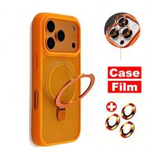 1PC Orange Luxury Matte Semi Transparent Metal Magnetic Rotating Bracket With Lens Film Compatible With Wireless Charging, Skin Friendly Touch, Shockproof Back Cover, Matte Invisible Ring Holder, Ring Holder, High-End Phone Case Compatible With IPhone 17 Pro Max,17e,16E,16,15 PM,14 Plus,13,12,11 Also Compatible With Samsung Galaxy S26Ultra/S26Plus/S26/S25Ultra/S25Plus/S25/S24Ultra/S24Plus/S24 - Orange - View 4