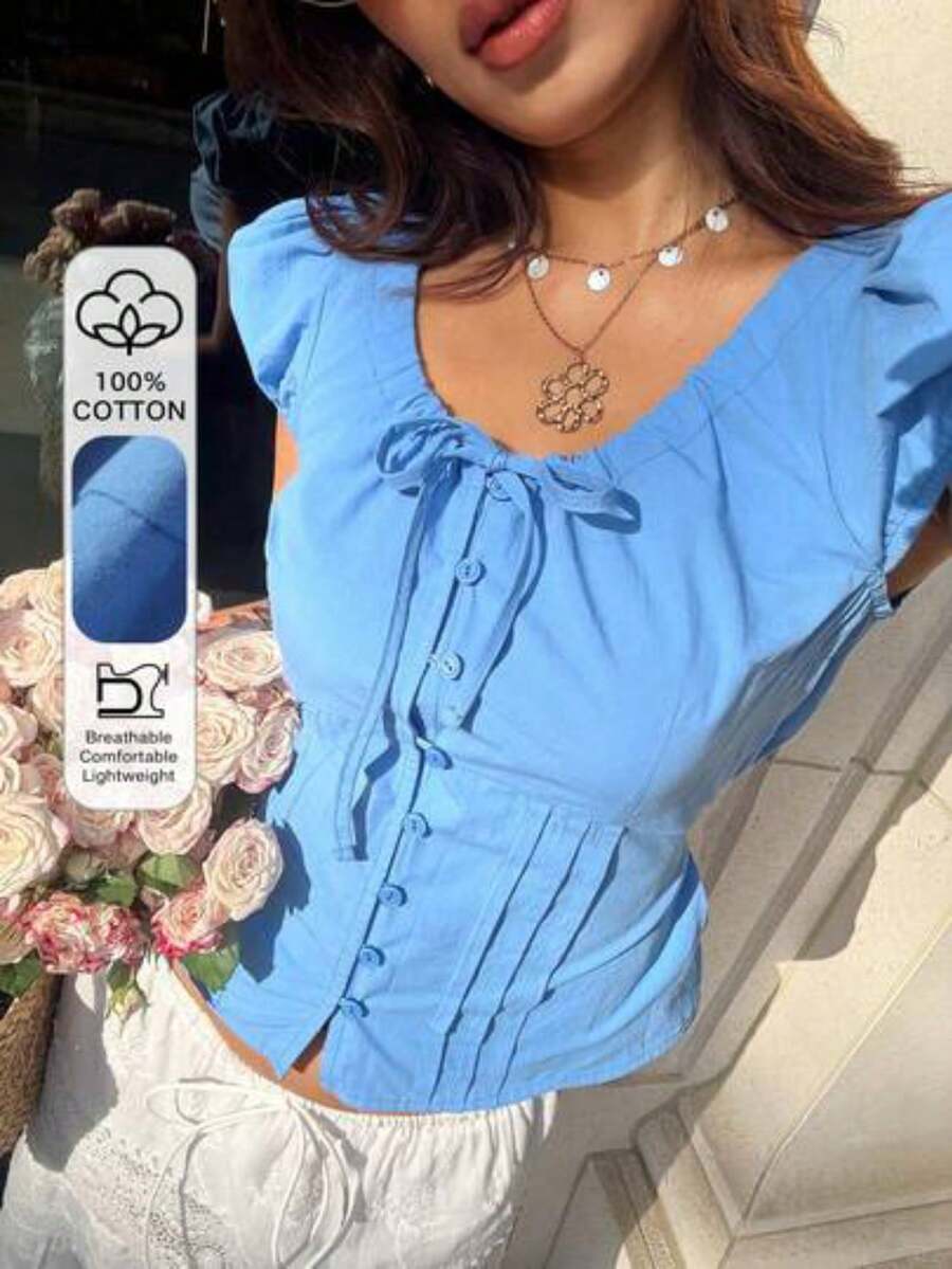 Blusa de manga corta ajustada con mangas abullonadas y cintura con lazo, unicolor, rosa, para primavera/verano y vacaciones - azul real - Ver 1