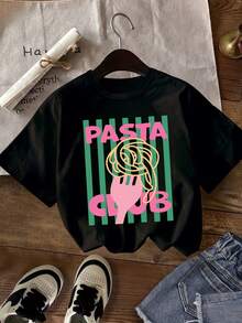 Camiseta con estampado de comida de diseño fácil para niñas "Spaghetti", Top con detalle estampado de cuello redondo, Camiseta con estampado de letras divertidas para niñas, - Negro - Ver 1