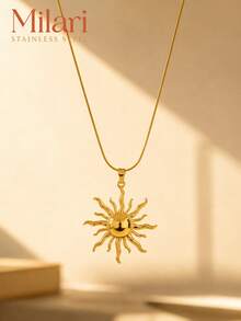 18K Gold Plated Stainless Steel Sun Pendant Necklace For Women Waterproof Tarnish Resistant Boho Celestial Sunburst Snake Chain Jewelry Gift - Gold - View 8