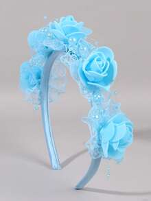 1pc Blue Lace Headband For Girls Flower Hairband Faux Pearl Hair Hoop Elegant Headwear Wedding Party Vacation Gift Headdress Teens Hair Accessories - Blue - View 6