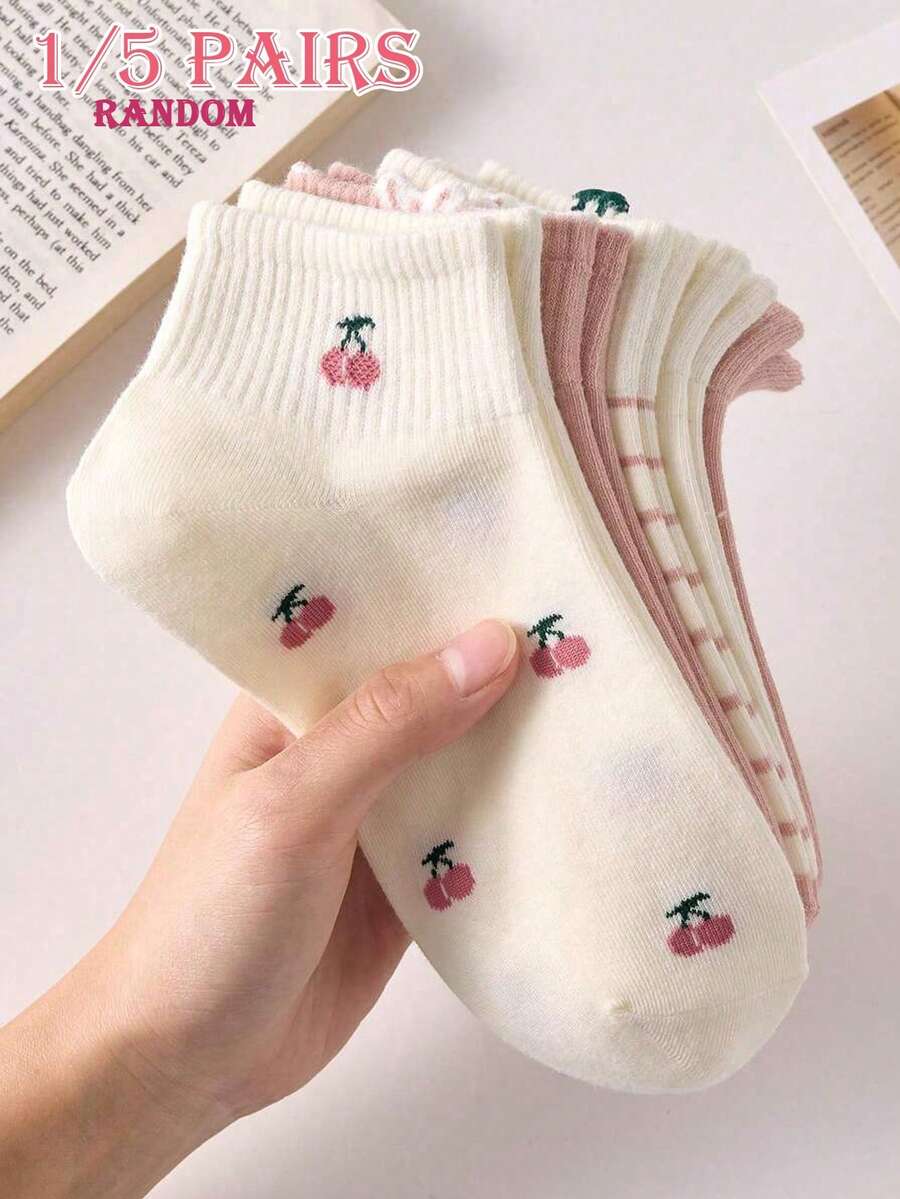 1/5雙 [隨機款式] 春夏粉色櫻桃與草莓圖案女款防滑短襪、膝上襪、短襪，適合四季穿著 - 彩色 - 查看 1