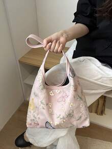 女款休閒大容量新中式刺繡包 2026新款通勤單肩包 隨性托特水桶包 - 粉色 - 查看 2