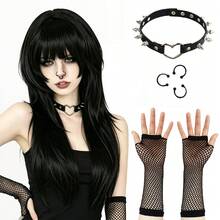 中性哥德風 Emo 黑色化纖假髮，短波波頭與分層長直髮，龐克搖滾 Cosplay 日常派對造型假髮，適合男女使用，適用於節日、展演、演唱會主題活動舞台道具、萬聖節 - 黑色 - 查看 15