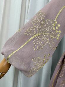 女款對比色珠飾刺繡缺口領長袖A字洋裝，端莊時尚派對婚禮賓客禮服，女士伊斯蘭服飾，粉色秋季款 - 粉色 - 查看 11