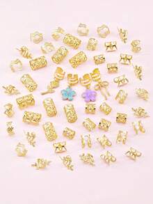 54pcs Flower Shaped Wavy Hair Rings With Colorful Camellia, Multi-Shape Adjustable Romantic Garden Style Women's Dreadlock Accessories,Hair Claws - Gold - View 4