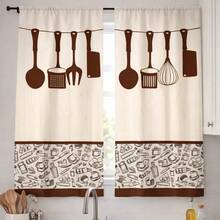 2 Stücke Vorhänge mit Kochutensilien-Muster in Creme & Kaffeebraun, minimalistische Küchendekoration mit Flachdruck, ohne Futter, ohne Kordeln - Verschiedenfarbig - Übersicht 10