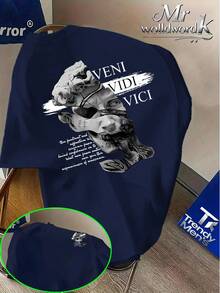 Estampado de retazos de una estatua rota de David combinado con la inscripción VENI VIDI, estampado doble en la parte delantera y trasera, camiseta de manga corta estilo casual urbano a - Blanco - Ver 7