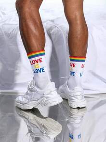 1/3 Pairs Black LGBTQ Pride Mid-Calf Socks, Rainbow Gradient Letter Print, Striped Cuff Knit Casual Streetwear Crew Socks - Multicolor - View 5