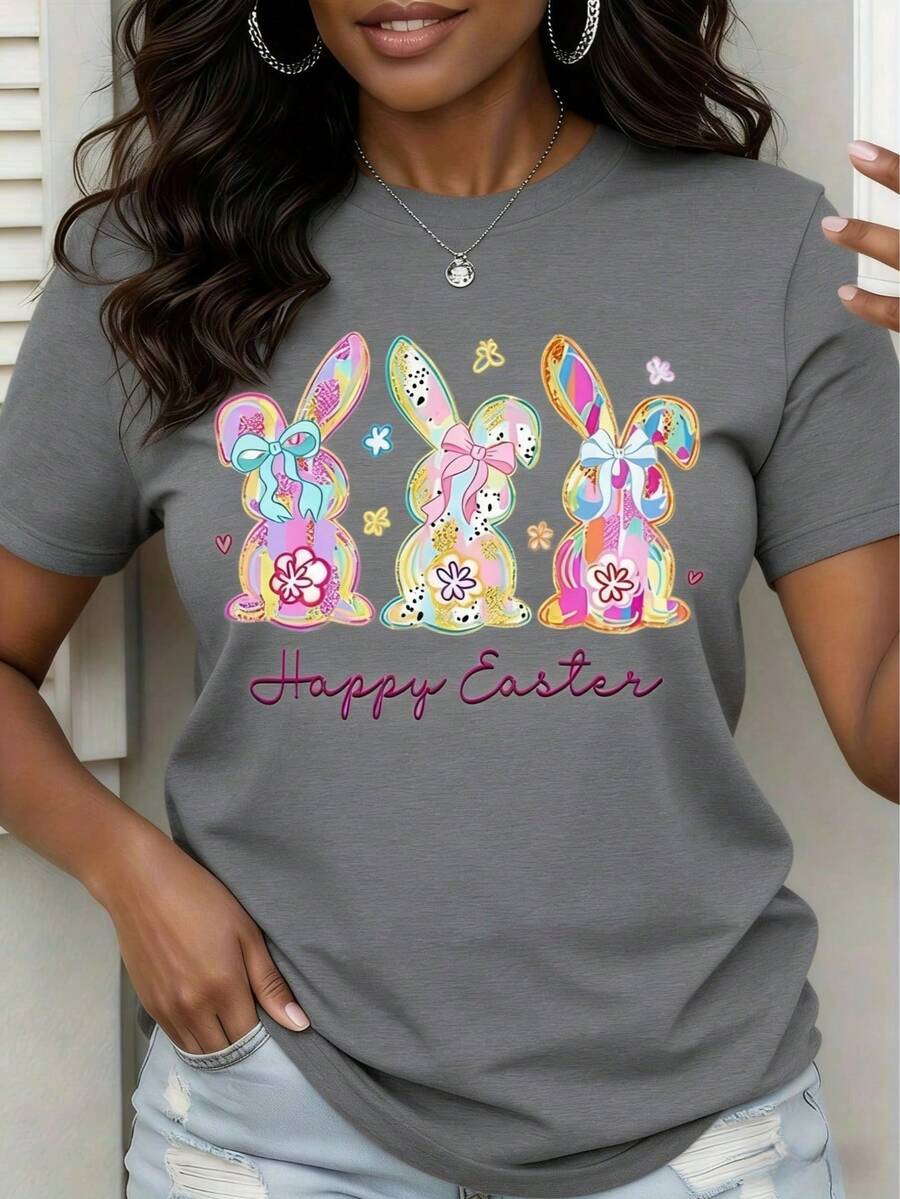 Camiseta de Conejo de Pascua con Diseño Colorido de Conejo para Mujer, Camiseta para el Festival de Primavera, Uso Diario Casual - Gris - Ver 1
