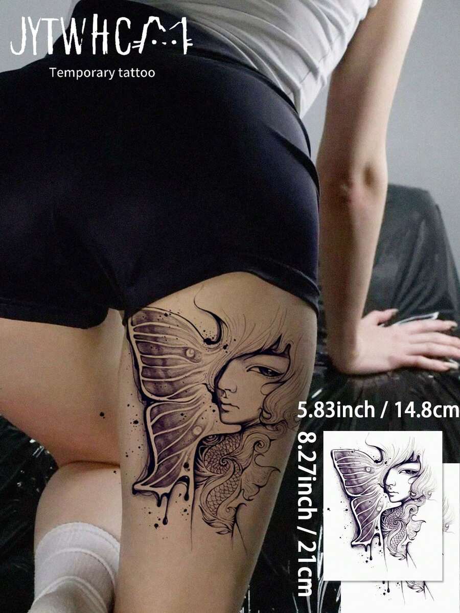 2 Sketch Butterfly Figure Spine Tattoos, Matte, Arm Back, Lasts 3-5 Days - Black - View 1
