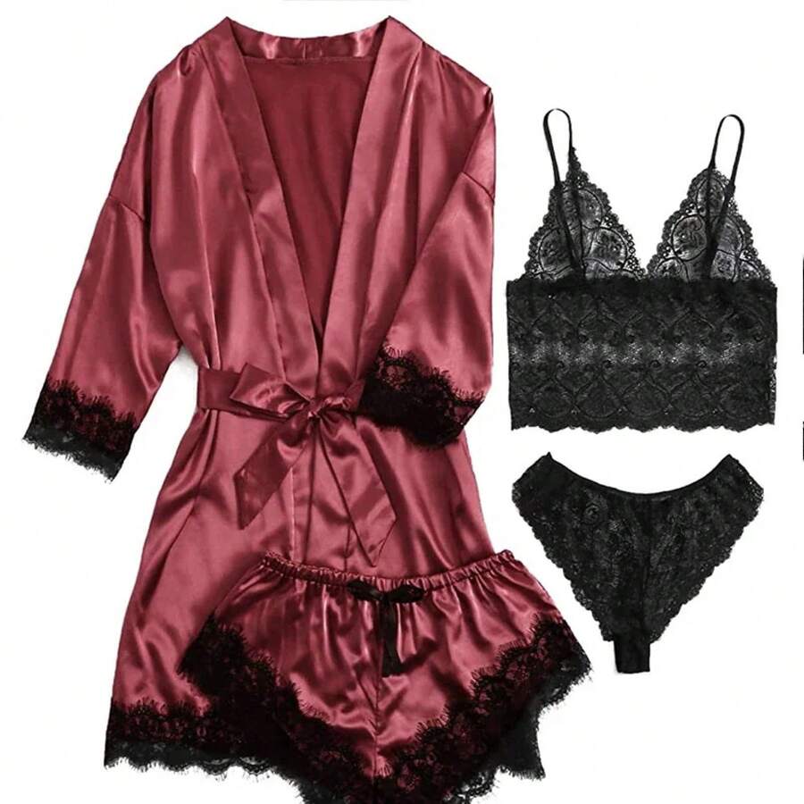 Sexy Women's Pajamas, Nightgowns, Lingerie, Shorts, 4-Piece Lace Camisole, Pajama Set, Loungewear, Nightgowns, Leisurewear - 酒紅色 - 查看 1