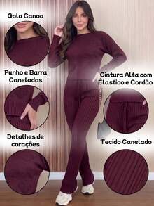 Women's Ribbed Knit Set: Long-Sleeved Blouse With Heart Details, High-Waisted Pants With Adjustable Drawstring, Casual, Autumn/Winter Knitwear. - 稻草 - 查看 4