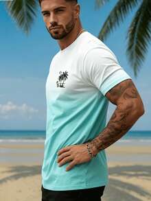 Men's Gradient Coconut Tree Print Short Sleeve T-Shirt, Suitable For Summer Beach Vacation And Casual Wear, Quick-Dry Crew Neck Top - Multicolor - View 4