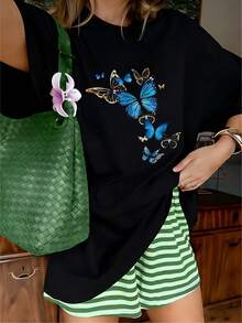 Aesthetic Blue Gold Gradient Flying Butterflies Graphic T-Shirt, 100% Cotton Oversized Soft Dreamy Tee, Casual Crewneck Top For Summer & Nature Lovers - 黑色 - 查看 12