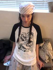 Y2K可愛天使女孩卡通印花落肩袖T恤，亞文化辣妹風百搭女款白色休閒夏季上衣 - 白色 - 查看 3