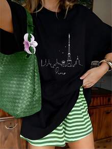 Minimalist Line Art Paris Eiffel Tower Skyline Graphic T-Shirt, 100% Cotton Oversized Soft Breathable Elegant Tee, Casual Crewneck Short Sleeve Top For Travel & Daily Wear - 黑色 - 查看 10