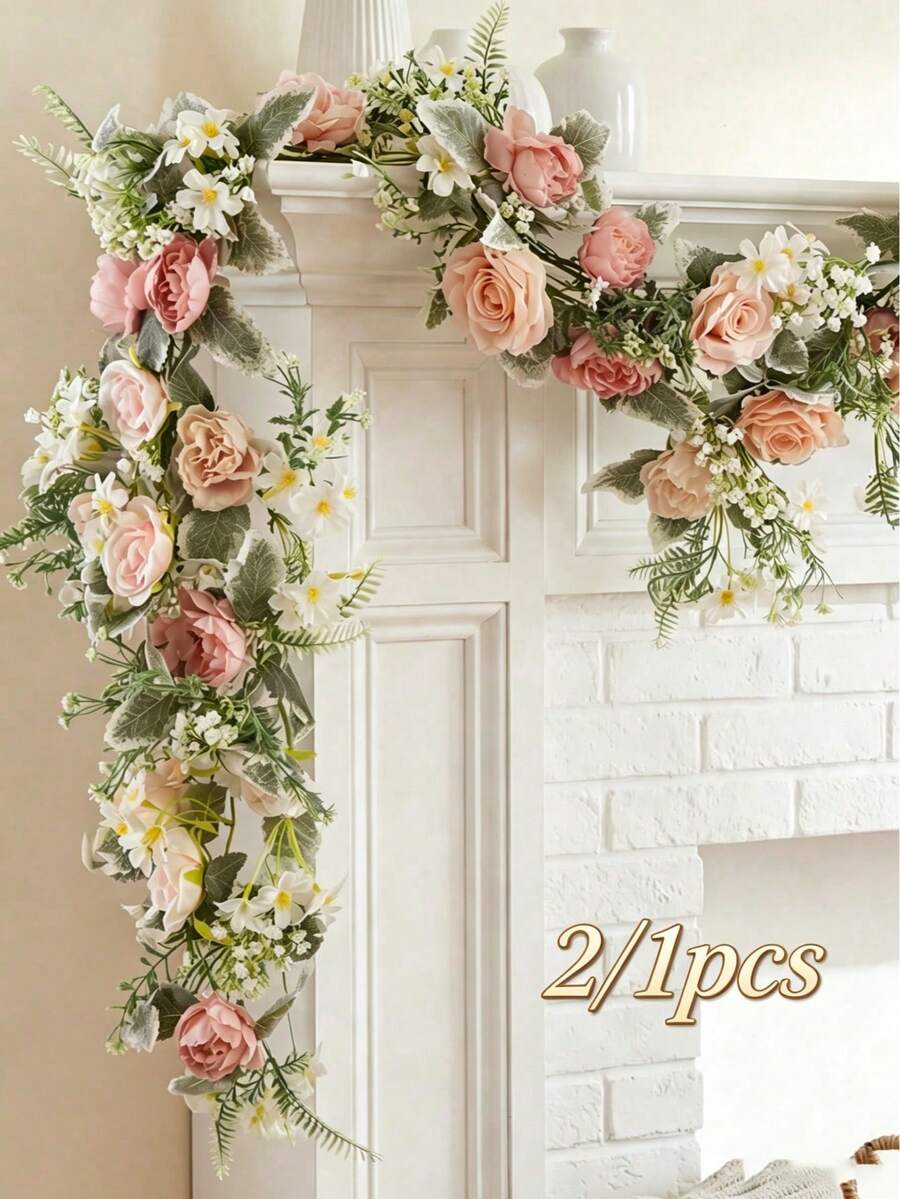 VPY 1件/2件 90cm 人造玫瑰花環,婚禮裝飾桌面花藤,適合房間裝飾,人造尤加利葉花環配紅玫瑰,婚禮仿真玫瑰葉花環,居家派對,桌面裝飾 - 桃心尤加利藤-粉紅色 - 查看 1