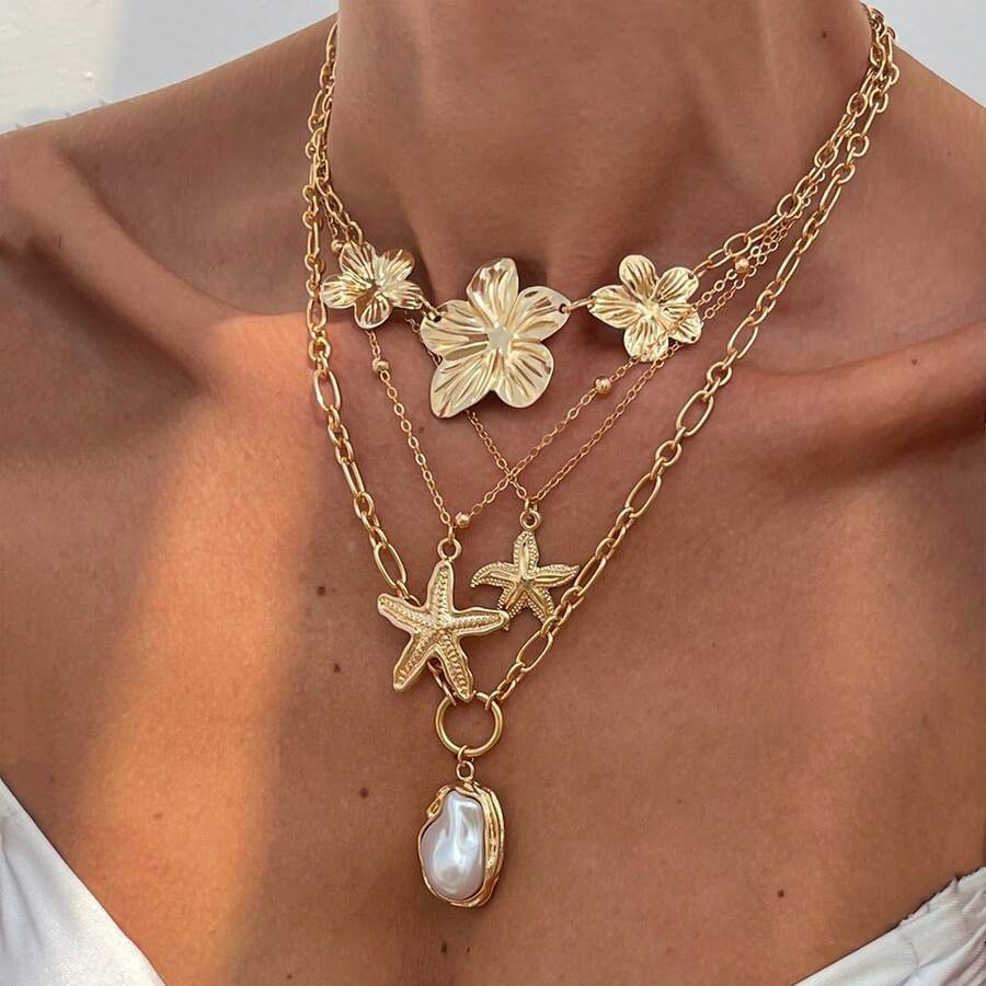 1pc Fashion Versatile Luxury Starfish Flower Faux Pearl Pendant Necklace 4pcs Set Niche Ins Metal Style Flower Choker Luxury High-End - Multicolor - View 1