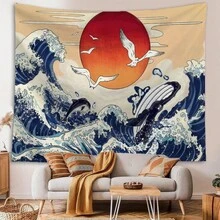 1pc Seagull Wave Sun Bohemian Style Printed Tapestry, Includes 3 Wall Nails And 2 Clips, Printed Rectangular Bedroom Wall Decor Hanging Cloth With Drape - Multicolor - View 7