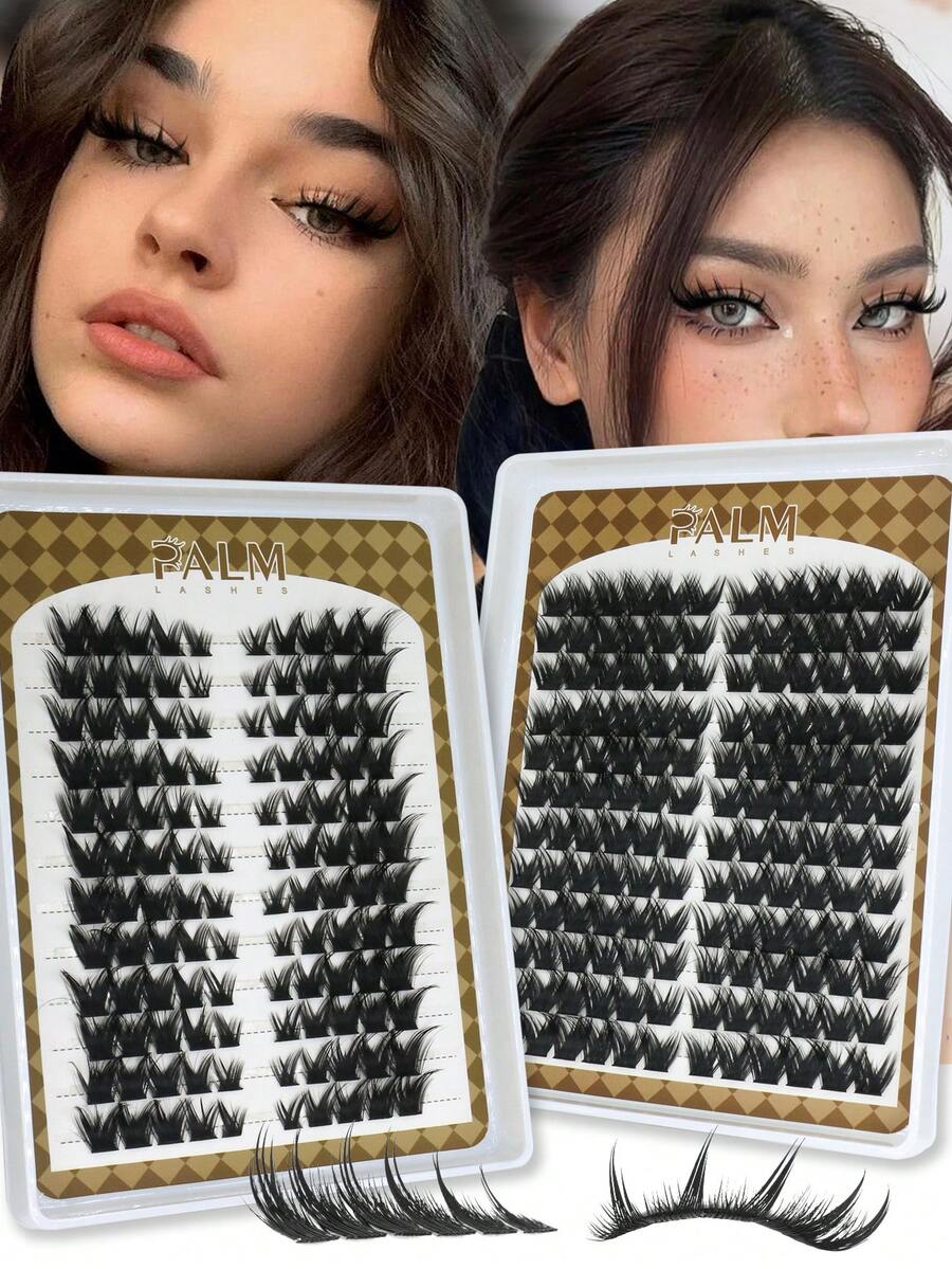 120/144pcs PALM LASHES Fox Eye Pointed Cluster False Eyelashes, Manga Fairy Style, Thin & Long, Graduated Cat Eye Single Cluster, DIY Dense Anime Lash Extensions