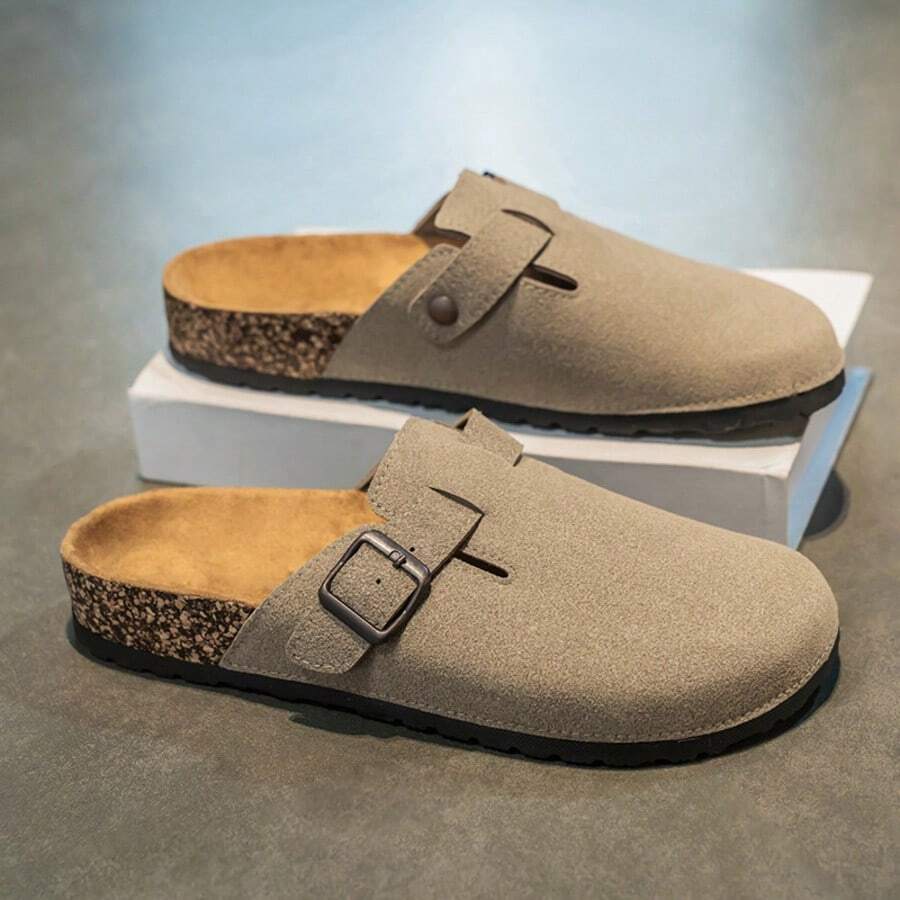 Men's Wooden Slippers, Open-Toe Slides, Slip-On Sandals, Casual Mules, Comfortable Summer Shoes, Couples, Big Size, Office & Leisure - Khaki - View 1