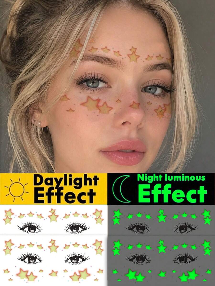 2PCS Glow-In-The-Dark Temporary Tattoo Stickers, Sparkling Star Freckle Pattern For Eyes, Y2K Style Glittery Face And Forehead Waterproof Fake Tattoos, Lasts 2-5 Days, Music Festival Face Tattoos, Party Birthday Surprise Gift