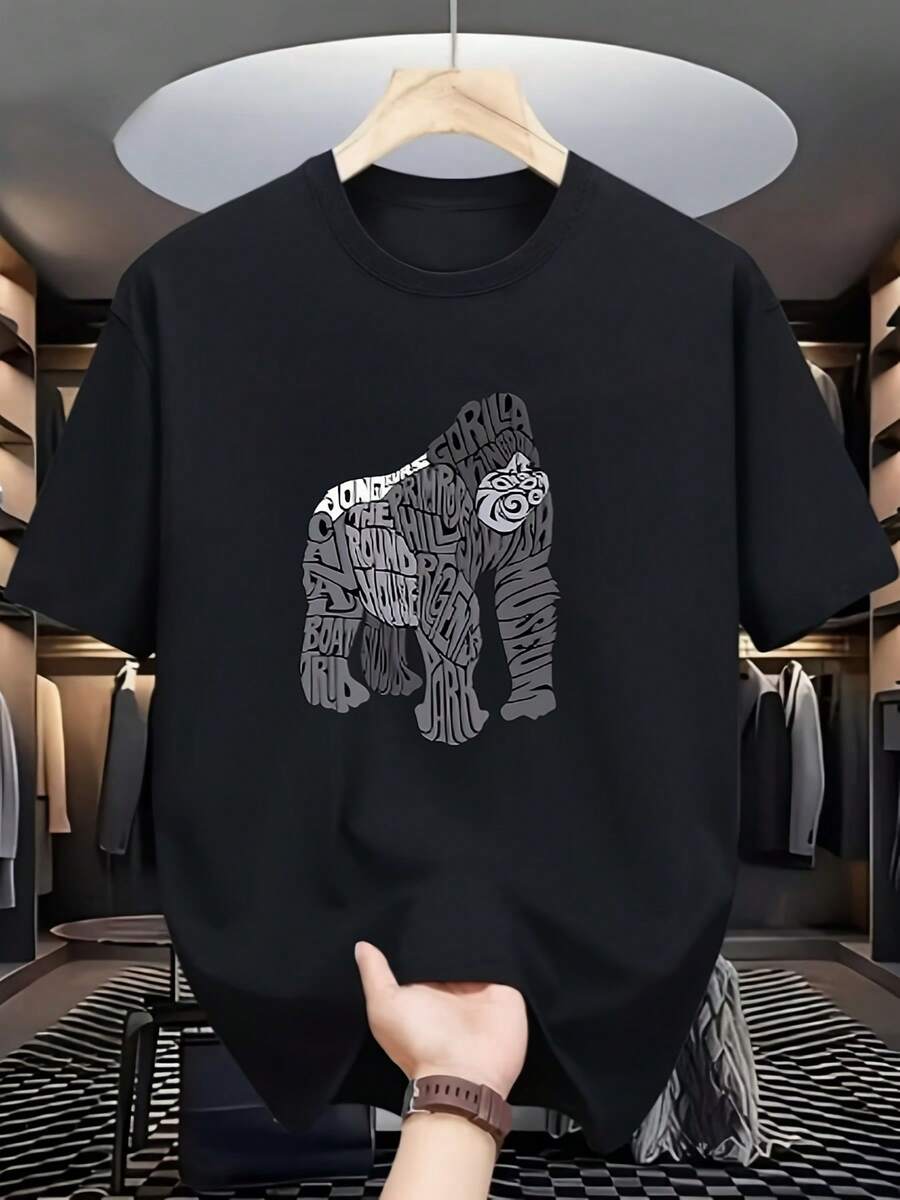 Camiseta de hombre con estampado de gorila de doble cara, el regalo perfecto para el Día del Padre, ropa casual de verano, adecuada para salidas familiares, actividades de equipo y comodidad - Negro - Ver 1