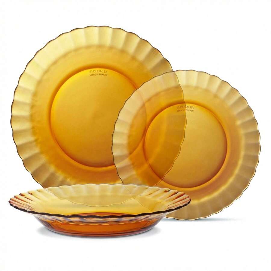 DURALEX | Complete Dinnerware Set For 4 People, 12 Pieces, Ultra-Resistant Tempered Glass, Microwave And Dishwasher - Duralex Glass Dinnerware With Elegant And Durable Design - 12件琥珀浮雕餐具套裝 - 查看 1