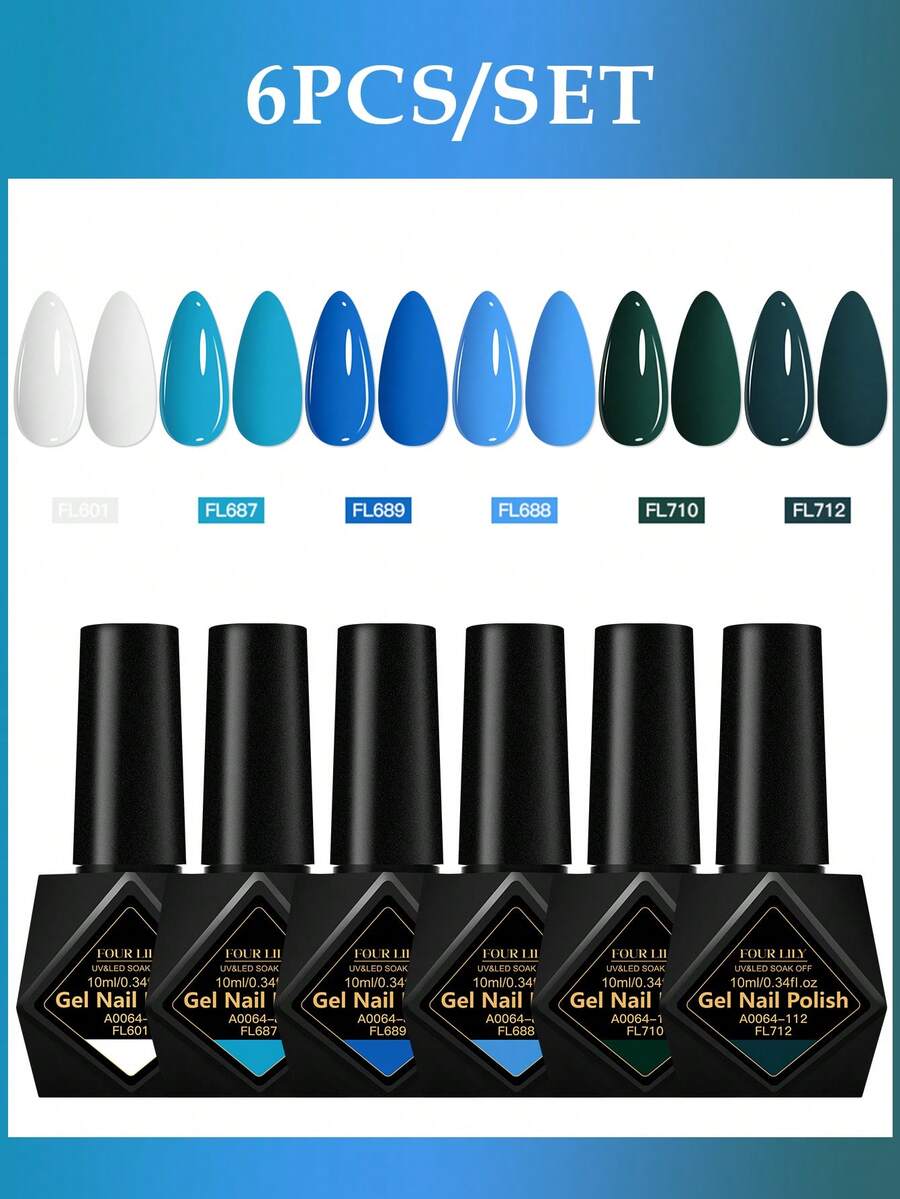 FOUR LILY 6件組 10ml 藍綠色凝膠指甲油套組，無HEMA TPO 半永久可浸泡式UV凝膠指甲油，適合夏季美甲，持久、無鉛DIY指甲設計裝飾，美甲繪畫凝膠指甲油，適用於美甲沙龍和居家美甲用品